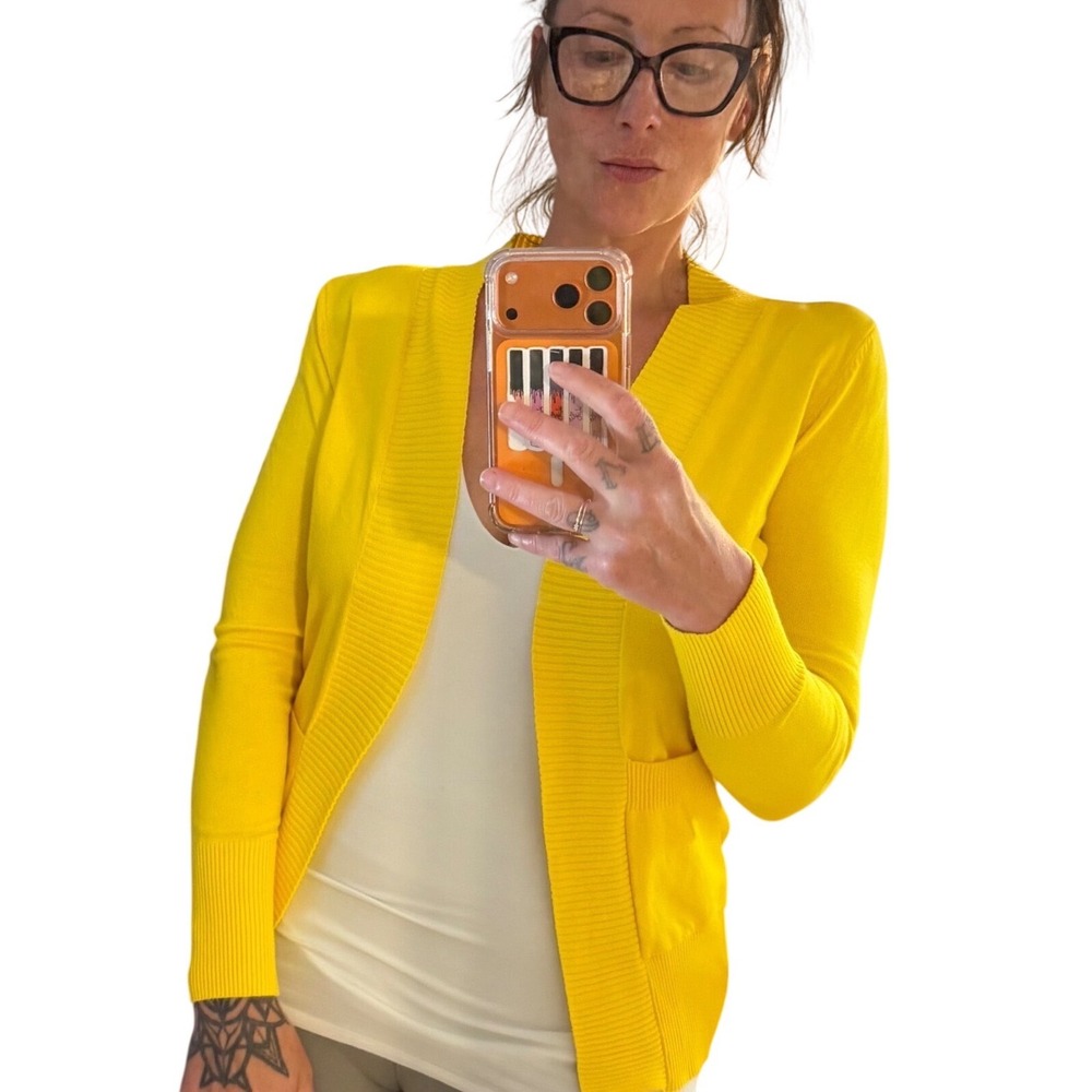 Yellow Open Front Cardigan‎ Shoulder Pads Bright Preppy Dopamine Dressing Small